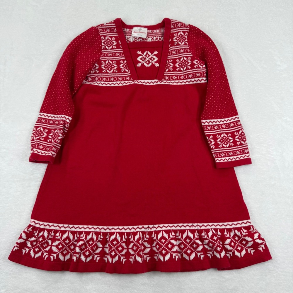 Hanna Andersson Girls Red Fair Isle Snowflake Cotton Sweater Dress Size 110 5T